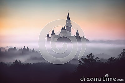 An ancient castle in a misty forest. Generative AI Stock Photo