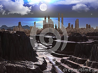 Ancient Castle by Ocean at Moonlight Stock Photo
