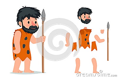 Ancient caveman with stone spear action RPG game character layered animation ready character vector illustration Vector Illustration