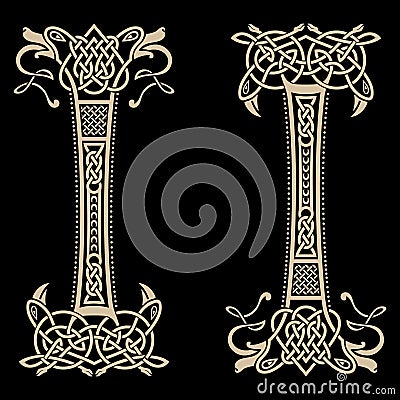 Ancient Celtic, Scandinavian ornament with heads of ravens and wolves, drawn in vintage retro style Vector Illustration