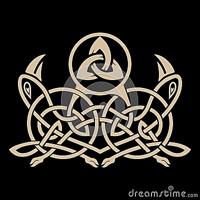 Ancient Celtic, Scandinavian ornament with ravens heads, drawn in vintage retro style Vector Illustration