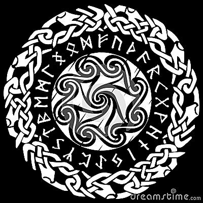 Ancient Celtic, Scandinavian pattern, Scandinavian knot - work illustration and Runes - Old Norse alphabet Vector Illustration