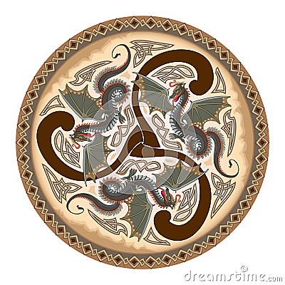 Ancient Celtic symbol. Triple trickle spiral ornament with fantasy druid dragons symbols. Ethnic Breton sign. Print for logo, icon Vector Illustration