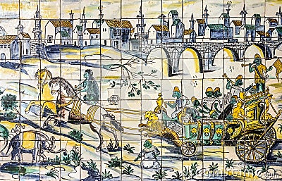 Ancient ceramic tile, museum Azulejo, Lisbon, Portugal. Editorial Stock Photo