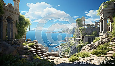 Ancient chapel built on cliff, overlooking blue water generated by AI Stock Photo