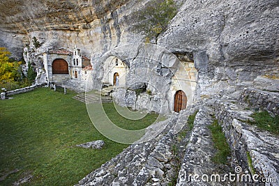 Ancient chapel in a cave. Ojos de Guarena. Burgos. Spain Stock Photo