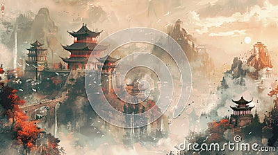 Ancient Chinese Architecture in Confucianism Illustration Cartoon Illustration