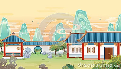 Ancient Chinese garden and houses Vector Illustration