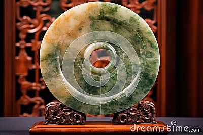 ancient chinese jade bi disc on display stand Stock Photo