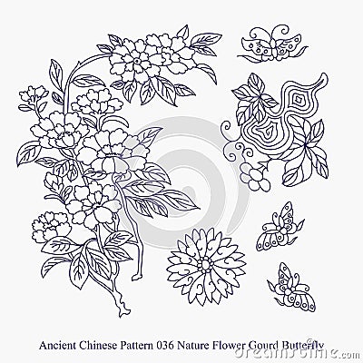 Ancient Chinese Pattern of Nature Flower Gourd Butterfly Vector Illustration