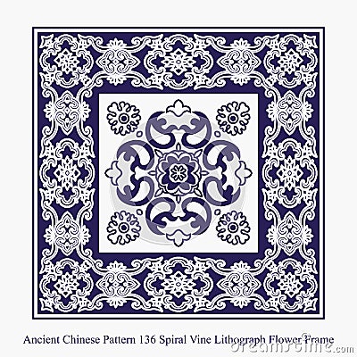 Ancient Chinese Pattern of Spiral Vine Lithograph Flower Frame Vector Illustration