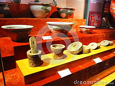 The ancient Chinese pottery, stone tools, life utensils Editorial Stock Photo