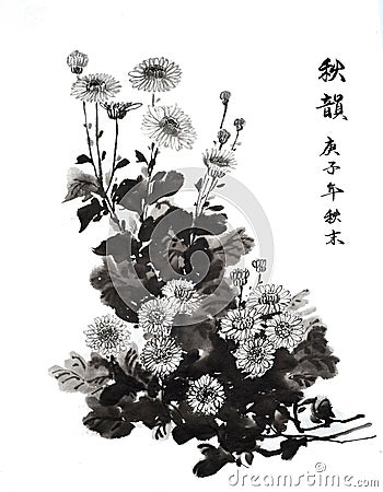 Ancient Chinese traditional hand brush and ink painting -Chrysanthemum: auspicious flower Stock Photo