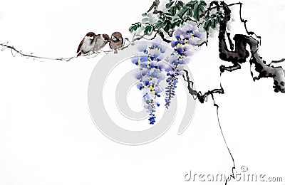 Ancient Chinese traditional hand brush and ink painting -Wisteria.Meaning: everything goes well Stock Photo
