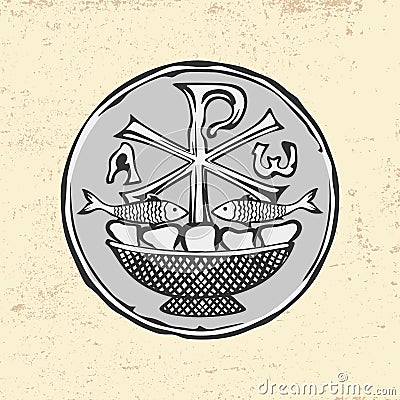 Ancient Christian symbol of Jesus Christ. Alpha and Omega. Two fish and five loaves Vector Illustration