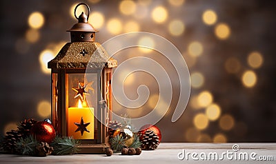Ancient Christmas lantern with Christmas decorations. Stock Photo