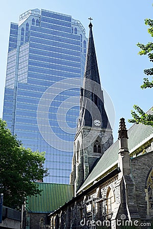 Ancient Church & Modern Skyscraper, Montreal, Quebec, Canada Editorial Stock Photo