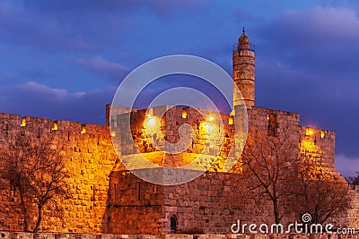 Ancient Citadel inside Old City at Night, Jerusalem Stock Photo