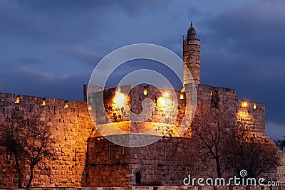 Ancient Citadel inside Old City at Night, Jerusalem Stock Photo