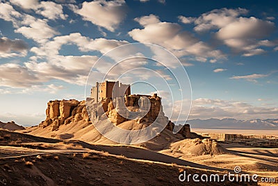 Ancient Citadel on Rocky Outcrop Overlooking Vast Desert Expanse Under Cirrus Clouds. Generative AI Stock Photo