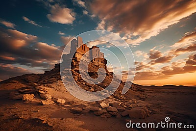 Ancient Citadel on Rocky Outcrop Overlooking Vast Desert Expanse Under Cirrus Clouds. Generative AI Stock Photo