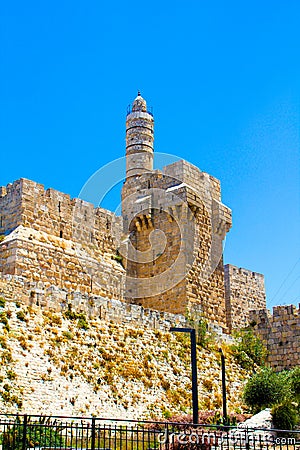 Ancient Citadel - Tower of David. Hot summer sunset. Monumental walls of Jerusalem. The height of the walls is 12 meters Stock Photo