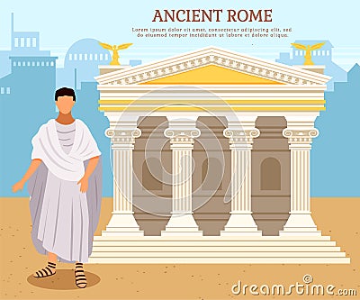 Ancient citizen near roman pantheon temple building with columns, antique culture vector poster Vector Illustration