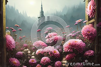 An ancient city full of flowers, multicolored summer flowers background with vivid intense colors. Generative Ai Cartoon Illustration