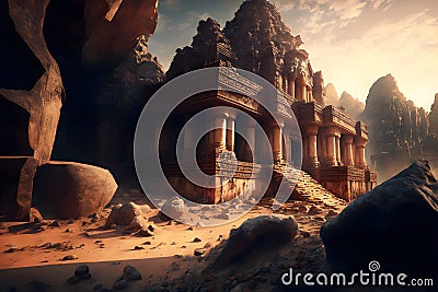 Ancient City, Megalithic fantasy Ruins, Cyclopean Stone Architecture, Petra, Angkor Wat, Machu Picchu. 3d illustration Cartoon Illustration