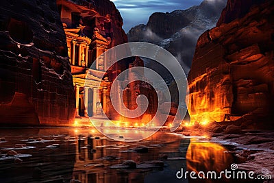 The ancient city of Petra in Jordan. Petra is one of the New Seven Wonders of the World, Al Khazneh in Petra, Jordan, at night, AI Stock Photo