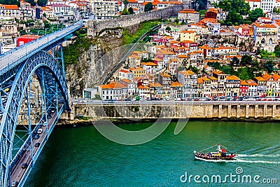 Ancient city Porto,metallic Dom Luis bridge Stock Photo