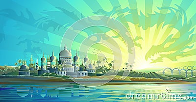 Ancient city and a sky dragon Vector Illustration