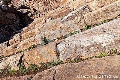 Ancient city of Syedra, Turkey. Slanted low angle view of ruined historic stone stairs. Selective focus Stock Photo