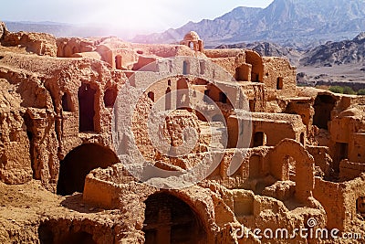 Ancient clay architecture in the abandoned village of Kharanagh. Persia. Iran. Sights Yazd. Stock Photo
