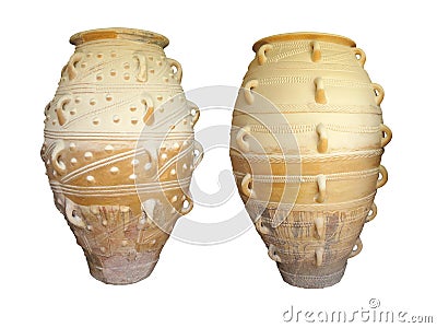 Ancient clay Minoan decorated amphora isolated Stock Photo