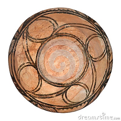 An ancient clay plate with a linear pattern on a white background Stock Photo