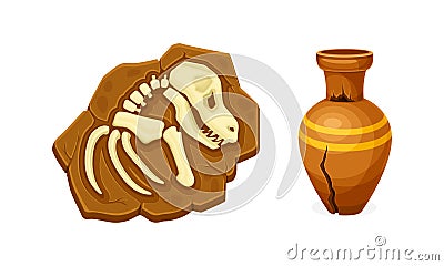 Ancient clay vase and dinosaur skeleton. Objects of archaeology vector illustration Vector Illustration