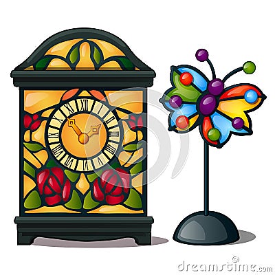 Ancient clock with flowers and butterfly. Elegant classic stained glass, interior decoration. Vector isolated on white Vector Illustration