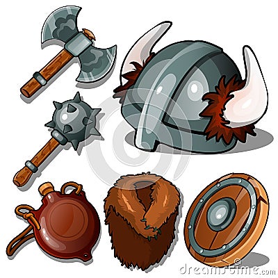 Ancient clothes and weapons of Vikings. Mace, axe, helmet with horns, flask, fur coat and tambourine. Six icons isolated Vector Illustration