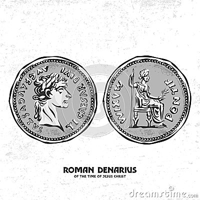 Ancient coin. Roman denarius of the time of Jesus Christ. Vector Illustration