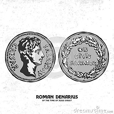 Ancient coin. Roman denarius of the time of Jesus Christ. Vector Illustration