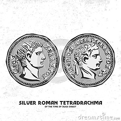 Ancient coin. Silver Roman tetradrachma of the time of Jesus Christ. Perhaps for such silver coins, Judas betrayed Christ Vector Illustration