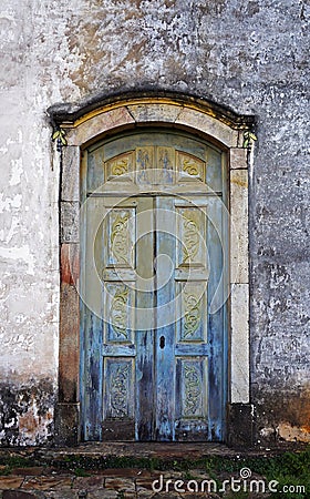 Ancient colonial church door in historical city of Ouro Preto Stock Photo