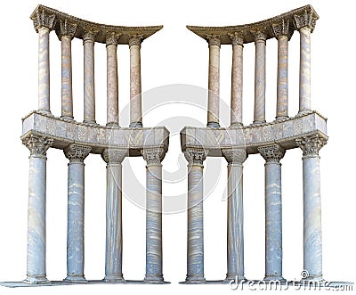 Ancient colonnade marble stone columns isolated on white background Stock Photo