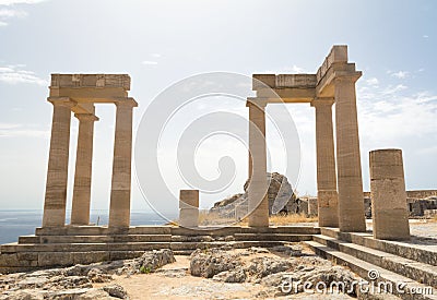 Ancient column in Acropolis of Lindos, Rhodes, Greece, Europe Stock Photo