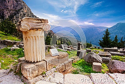The ancient column in Delphi Stock Photo