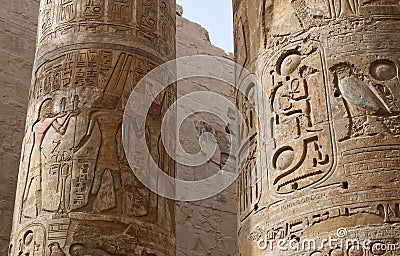 Ancient Columns and hieroglyphs at Karnak Temple. Egypt Stock Photo
