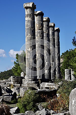 Ancient columns at the temple of Athena in Priene, Turkey. Editorial Stock Photo