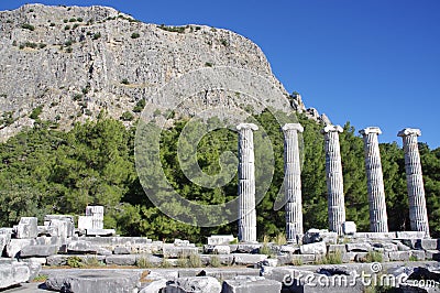 Ancient columns at the temple of Athena in Priene, Turkey. Editorial Stock Photo