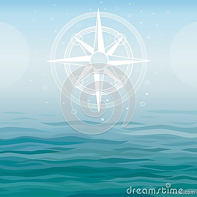 Ancient compass on a sea background Vector Illustration